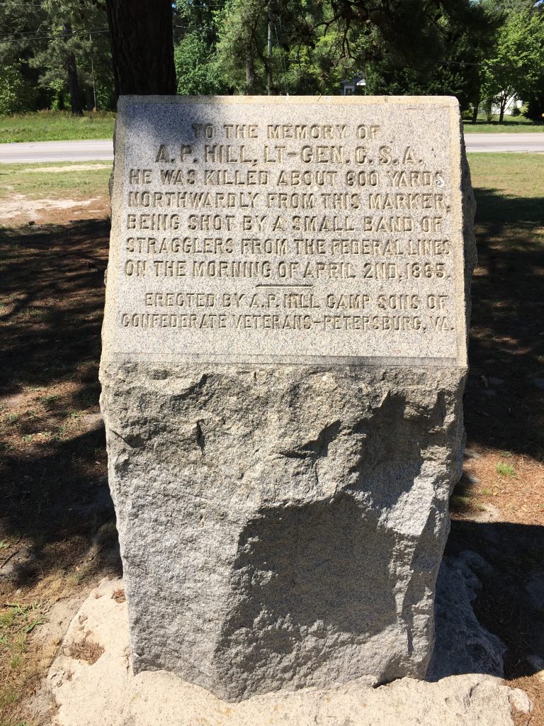 This monument marks the spot where Lt. General Ambrose Powell Hill was killed during the Third Battle of Petersburg - just a week before General Lee surrendered at Appomattox. - <i>Photo by the Author</i>