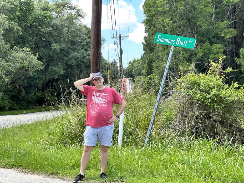 The closest thing to a marker at Simmon's Bluff is a road sign. - <i>Photo by my son, John</i>
