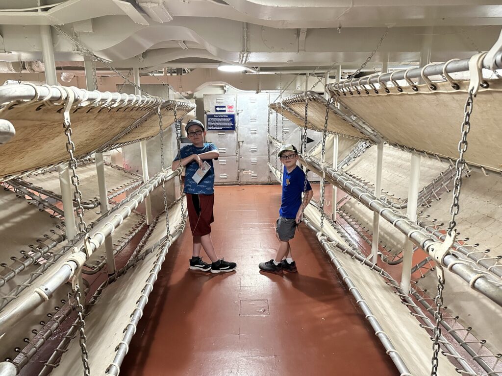 The boys checking out the crew berthing spaces on the <i>Yorktown</i>. - <i>Photo by the author</i>