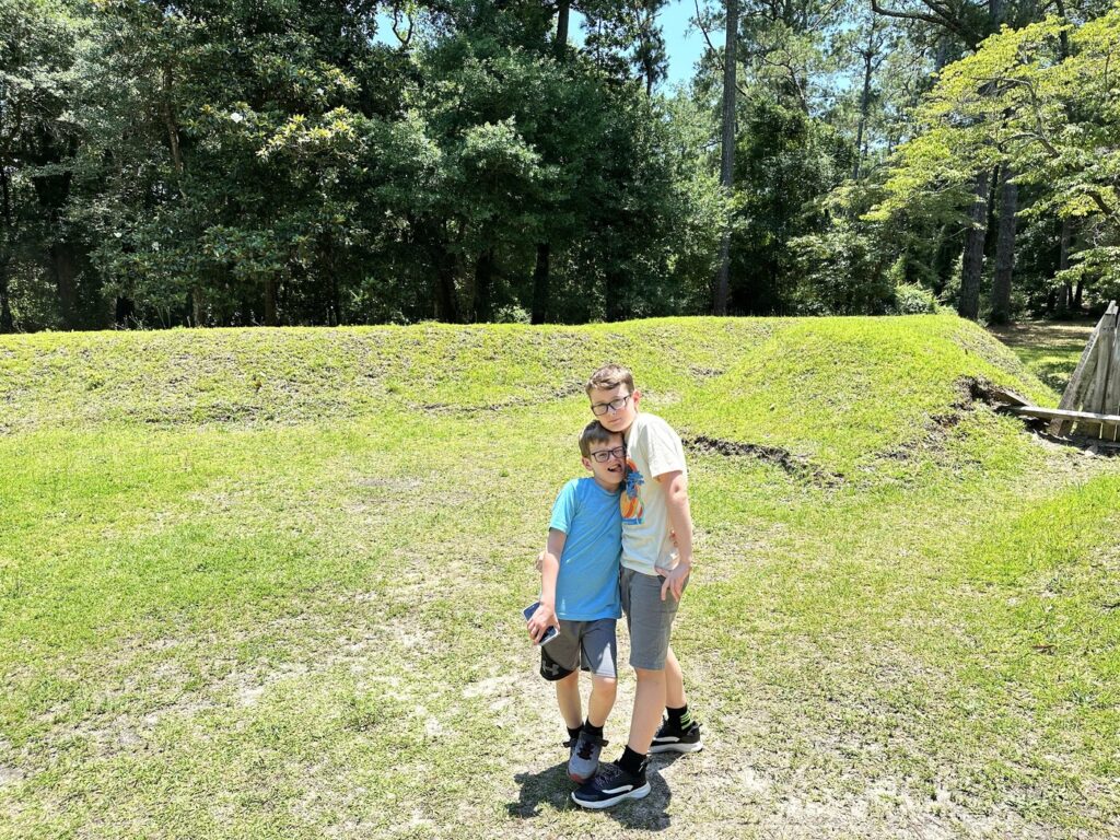 Posing in the reconstructed Fort Raleigh - <i>Photo by the author</i>
