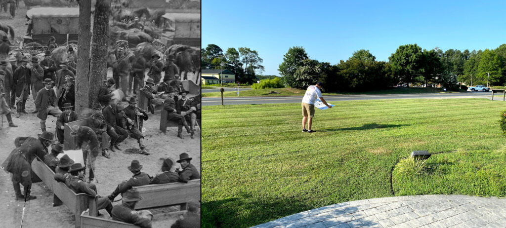 On the left, Grant hunched over a pew with Meade seated and reading a map. My approximation of Grant's position on the right. - <i>Photo by Emily Skillman</i>