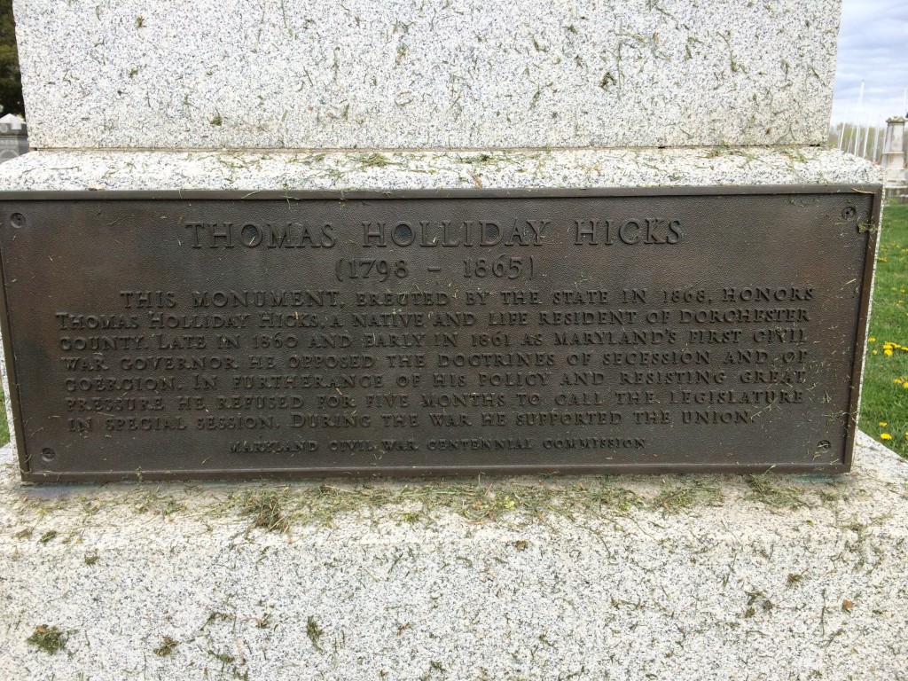 Detail of the plaque on Gov. Hick's monument.