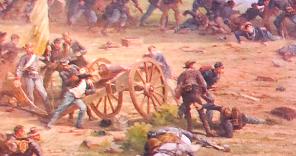 Cushing as depicted in the Gettysburg Cyclorama. Note his left hand clutching his abdomen. 
