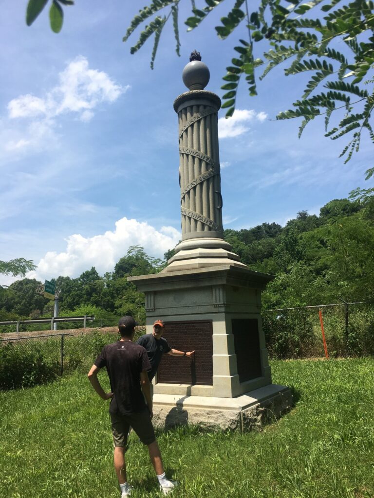 My nephew and I examining the XI Corps New York Monument at Wauhatchie. - <i>Photo by my brother-in-law, Jonathan Fisk</i>