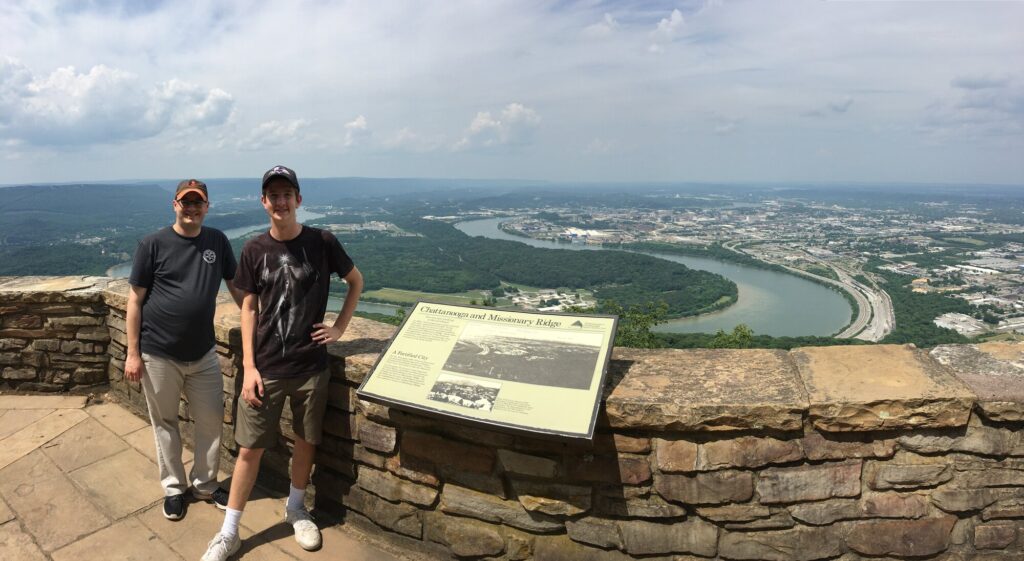 My nephew and I as close to Roper's Rock as we were allowed. Moccasin Bend is in the background. - <i>Photo by my brother-in-law, Jonathan Fisk</i>