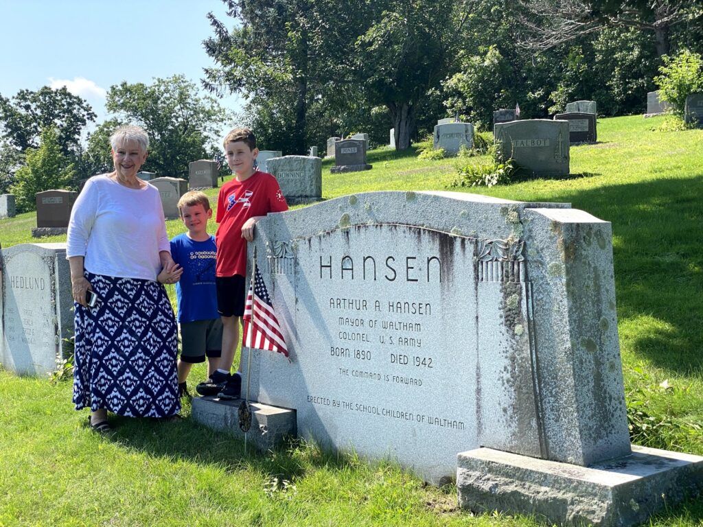 The boys pose with their "Nene" by the grave of their 2x Great Grandfather. - <i>Photo by the author</i>
